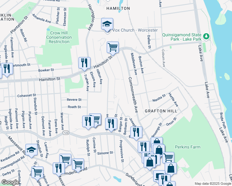map of restaurants, bars, coffee shops, grocery stores, and more near 60 Anderson Avenue in Worcester