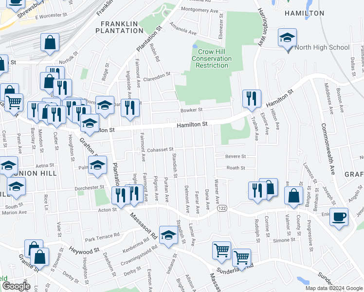 map of restaurants, bars, coffee shops, grocery stores, and more near 15 Standish Street in Worcester