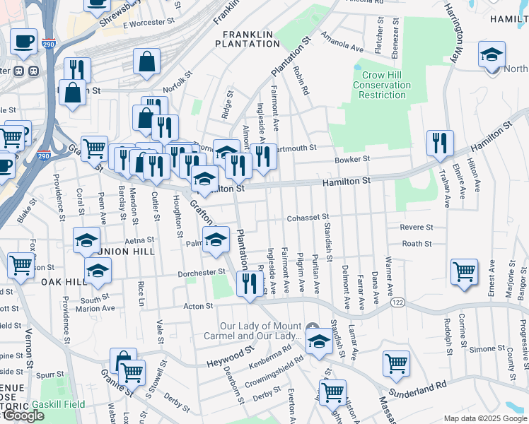 map of restaurants, bars, coffee shops, grocery stores, and more near 39 Caroline Street in Worcester