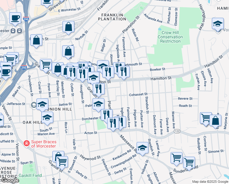 map of restaurants, bars, coffee shops, grocery stores, and more near 39 Caroline Street in Worcester