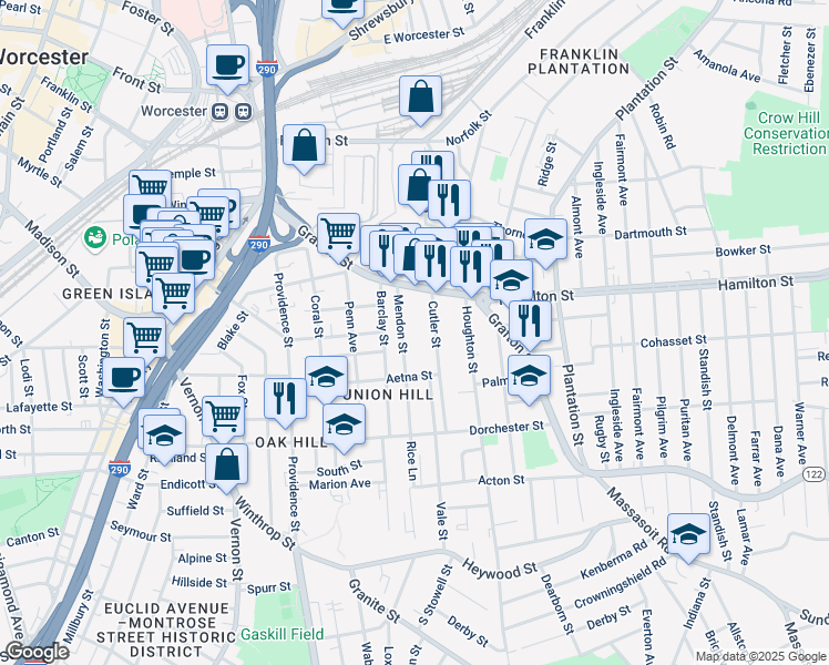 map of restaurants, bars, coffee shops, grocery stores, and more near 14 Mendon Street in Worcester