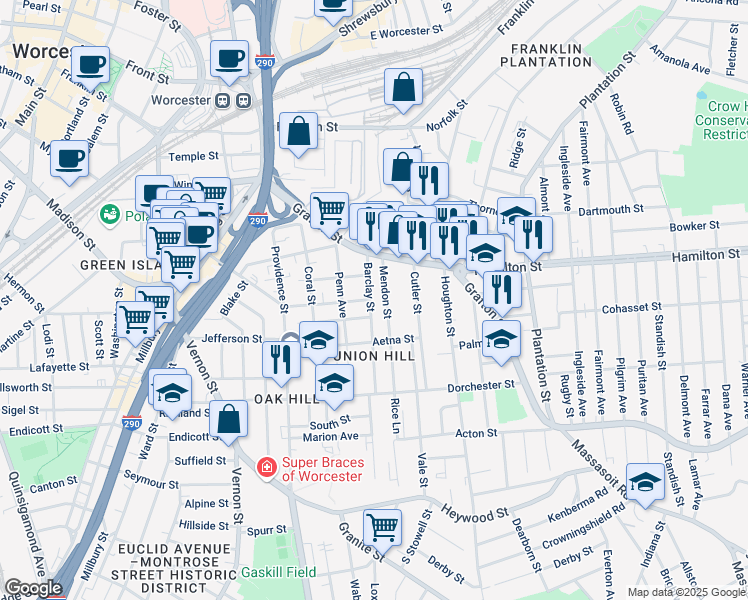 map of restaurants, bars, coffee shops, grocery stores, and more near 14 Mendon Street in Worcester