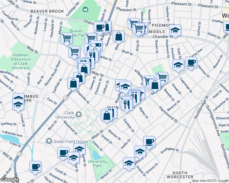 map of restaurants, bars, coffee shops, grocery stores, and more near 48 Hollywood Street in Worcester