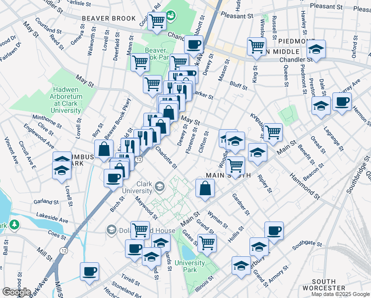 map of restaurants, bars, coffee shops, grocery stores, and more near 204 Dewey Street in Worcester