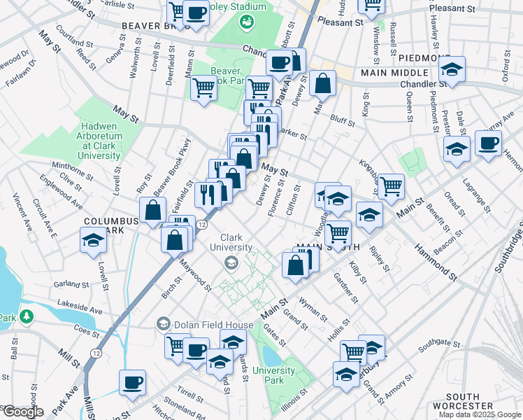 map of restaurants, bars, coffee shops, grocery stores, and more near 204 Dewey Street in Worcester