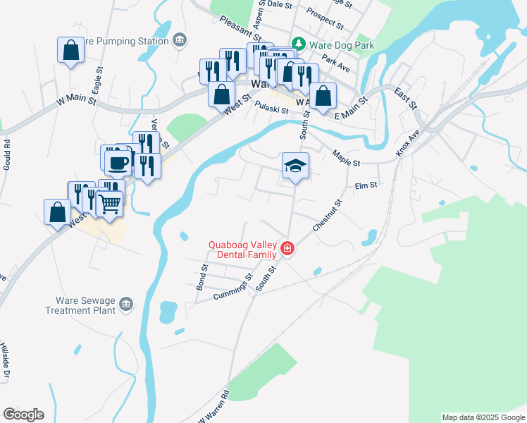 map of restaurants, bars, coffee shops, grocery stores, and more near 34 Williams Street in Ware