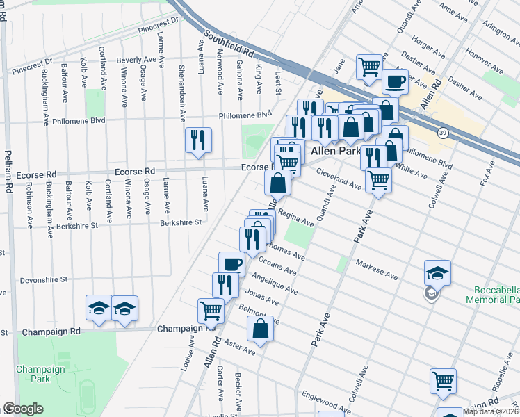 map of restaurants, bars, coffee shops, grocery stores, and more near 16129 Regina Avenue in Allen Park