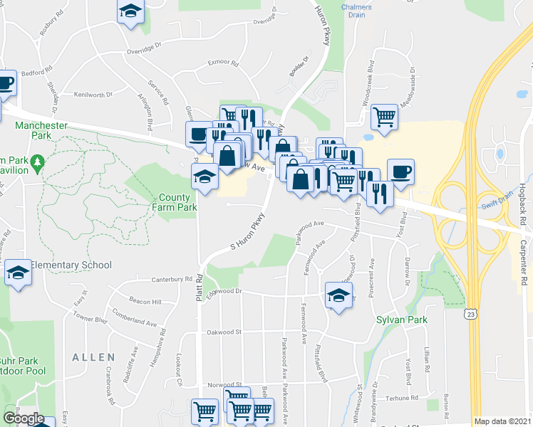 map of restaurants, bars, coffee shops, grocery stores, and more near 2201 South Huron Parkway in Ann Arbor
