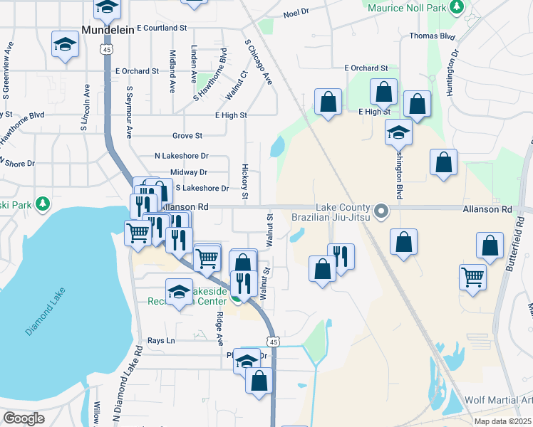 map of restaurants, bars, coffee shops, grocery stores, and more near 623 Allanson Road in Mundelein