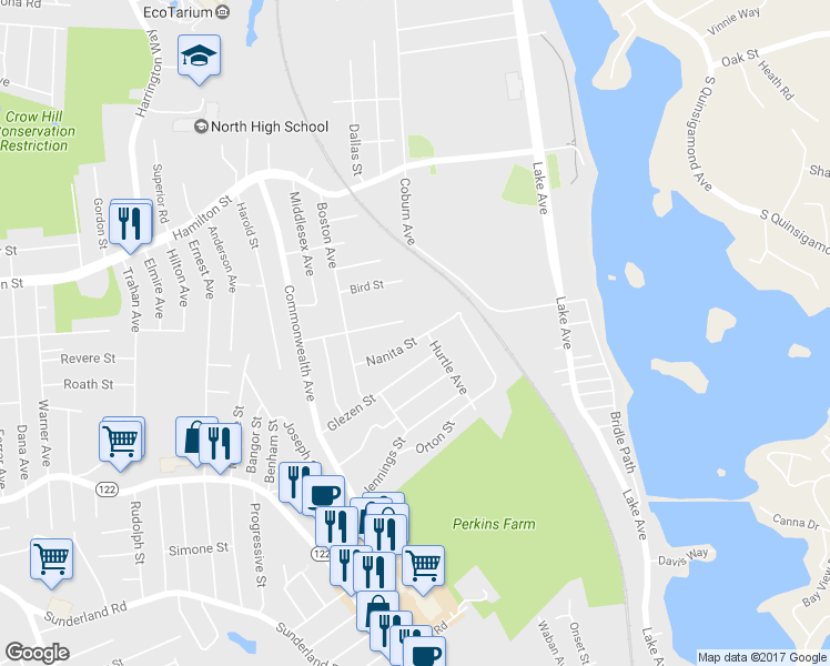map of restaurants, bars, coffee shops, grocery stores, and more near 55 Nanita Street in Worcester