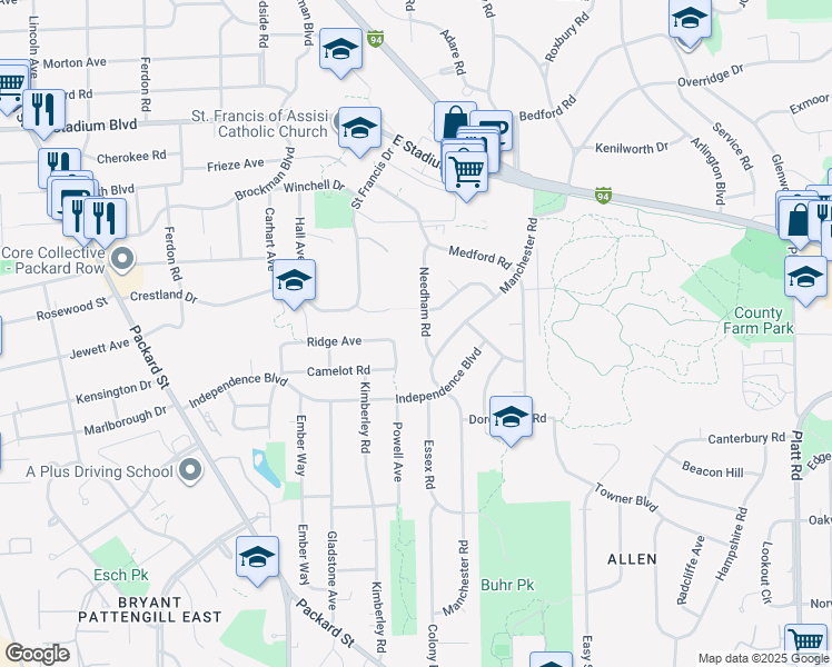 map of restaurants, bars, coffee shops, grocery stores, and more near 2222 Needham Road in Ann Arbor