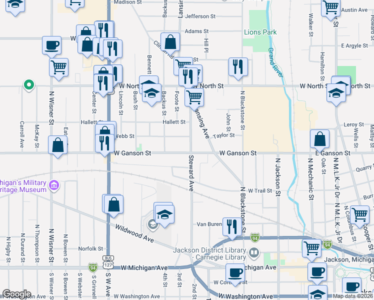 map of restaurants, bars, coffee shops, grocery stores, and more near 508 West Ganson Street in Jackson