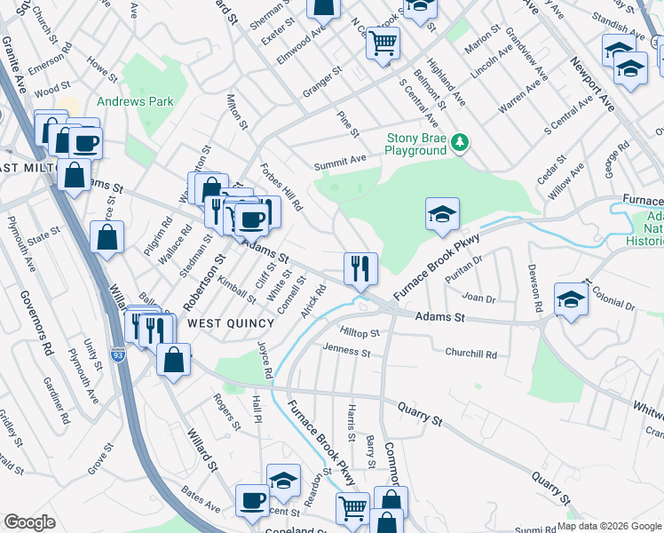 map of restaurants, bars, coffee shops, grocery stores, and more near 153 Reservoir Road in Quincy