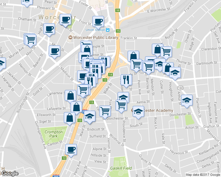 map of restaurants, bars, coffee shops, grocery stores, and more near 29 Columbia Street in Worcester