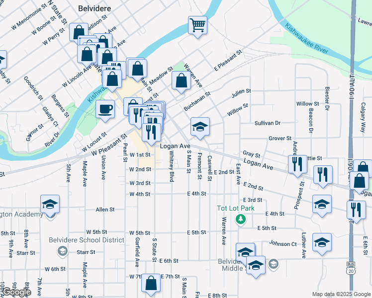 map of restaurants, bars, coffee shops, grocery stores, and more near 227 Logan Avenue in Belvidere