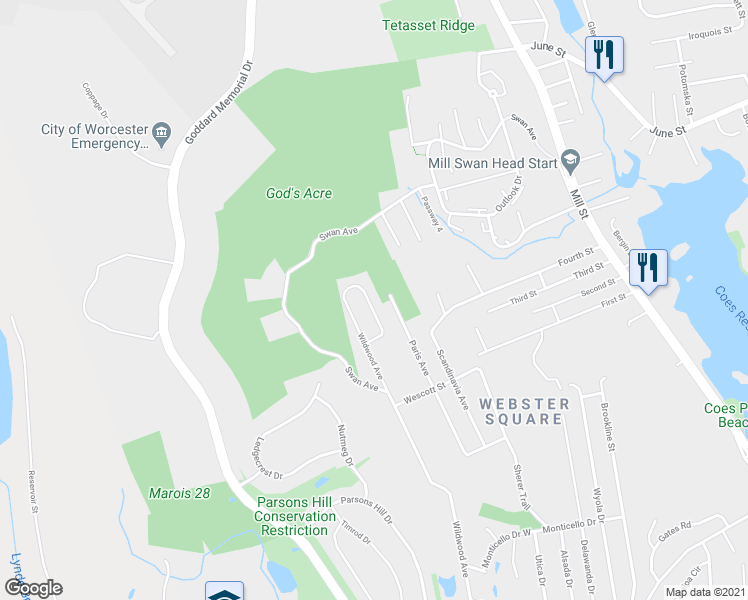 map of restaurants, bars, coffee shops, grocery stores, and more near 353 Wildwood Avenue in Worcester