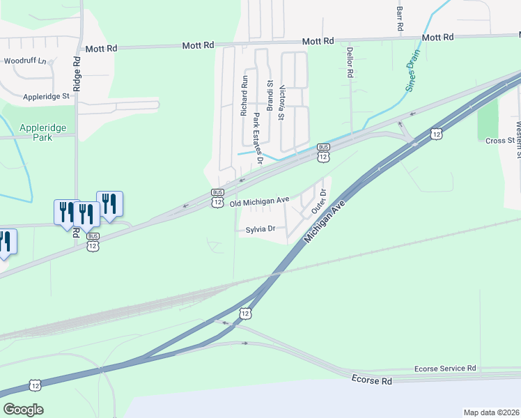 map of restaurants, bars, coffee shops, grocery stores, and more near 51227 Old Michigan Avenue in Belleville