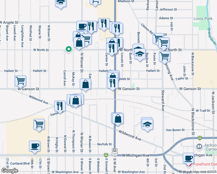 map of restaurants, bars, coffee shops, grocery stores, and more near 808 West Ganson Street in Jackson
