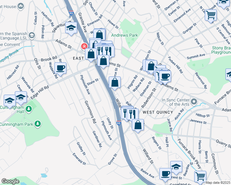 map of restaurants, bars, coffee shops, grocery stores, and more near 504 Granite Avenue in Milton
