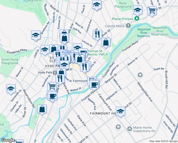 map of restaurants, bars, coffee shops, grocery stores, and more near 11-13 Pierce Street in Boston