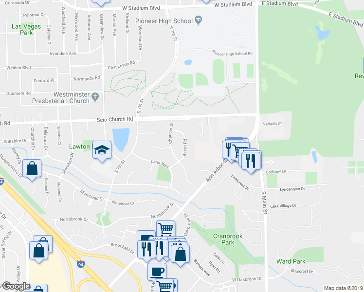map of restaurants, bars, coffee shops, grocery stores, and more near 2112 Ascot Road in Ann Arbor