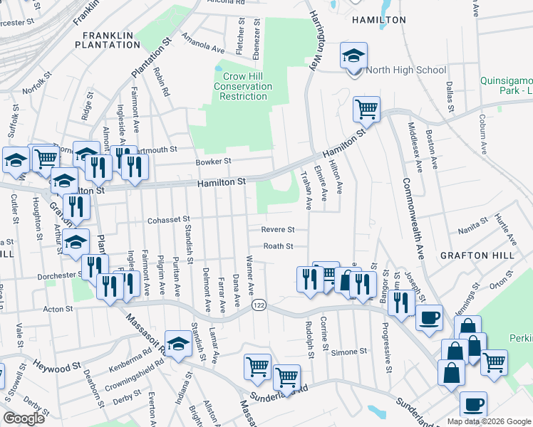 map of restaurants, bars, coffee shops, grocery stores, and more near 195 Cohasset Street in Worcester
