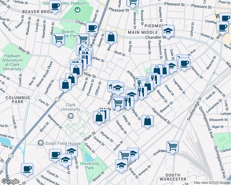 map of restaurants, bars, coffee shops, grocery stores, and more near 18 Claremont Street in Worcester