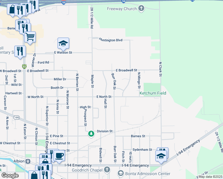 map of restaurants, bars, coffee shops, grocery stores, and more near 1008 Hall Street in Albion