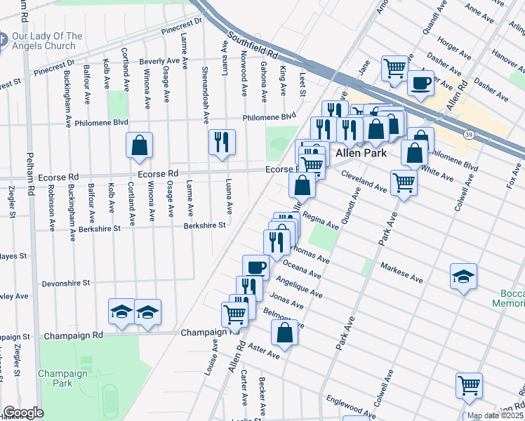 map of restaurants, bars, coffee shops, grocery stores, and more near 16188 Markese Avenue in Allen Park