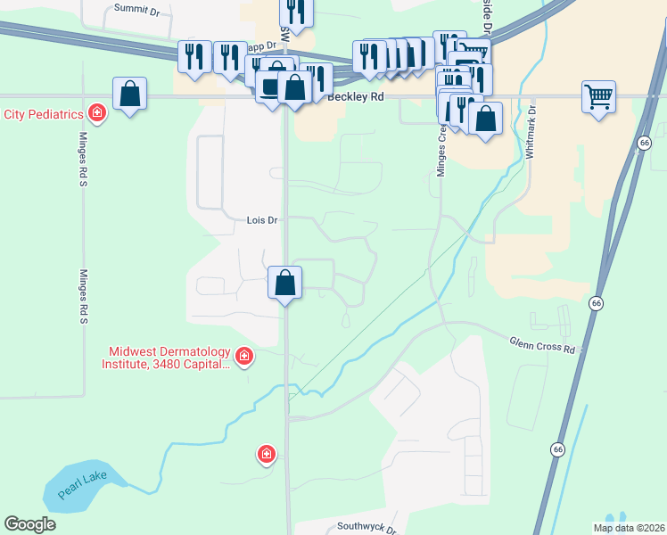 map of restaurants, bars, coffee shops, grocery stores, and more near 208 Rambling Road in Battle Creek