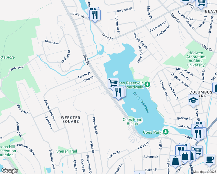 map of restaurants, bars, coffee shops, grocery stores, and more near 272R Mill Street in Worcester