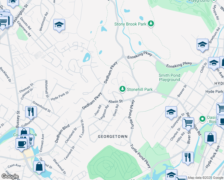 map of restaurants, bars, coffee shops, grocery stores, and more near 47 Stonehill Road in Boston