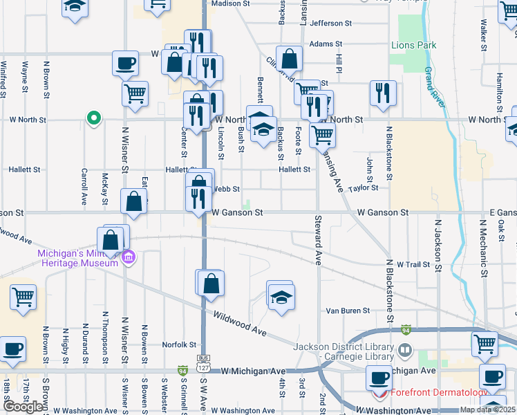 map of restaurants, bars, coffee shops, grocery stores, and more near 622 West Ganson Street in Jackson