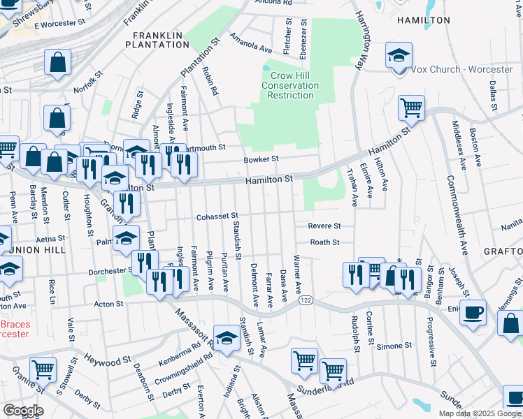 map of restaurants, bars, coffee shops, grocery stores, and more near 137 Cohasset Street in Worcester