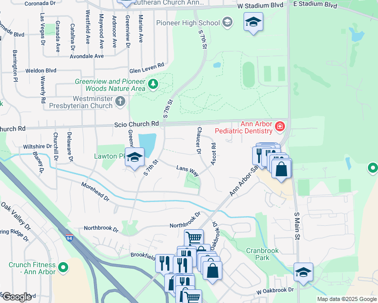 map of restaurants, bars, coffee shops, grocery stores, and more near 636 Wembley Court in Ann Arbor