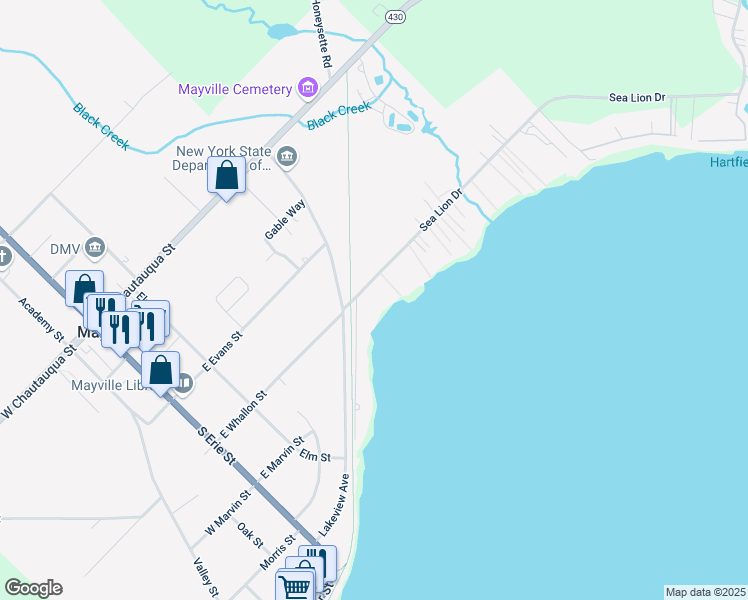 map of restaurants, bars, coffee shops, grocery stores, and more near 67 Sea Lion Drive in Mayville