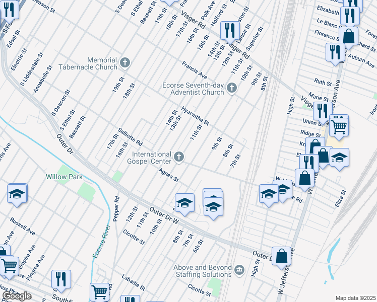 map of restaurants, bars, coffee shops, grocery stores, and more near 3999 11th St in Ecorse