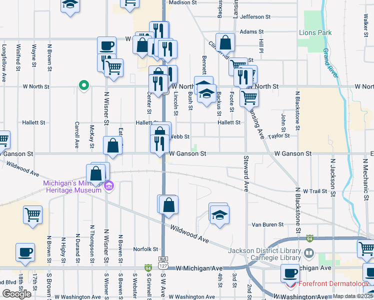 map of restaurants, bars, coffee shops, grocery stores, and more near 704 West Ganson Street in Jackson