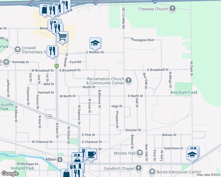 map of restaurants, bars, coffee shops, grocery stores, and more near 1014 North Berrien Street in Albion