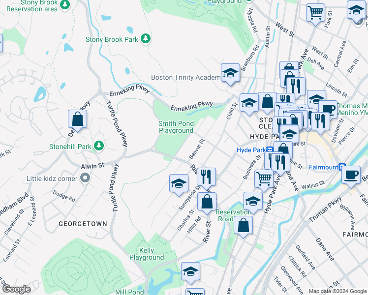 map of restaurants, bars, coffee shops, grocery stores, and more near 15 Brainard Street in Boston