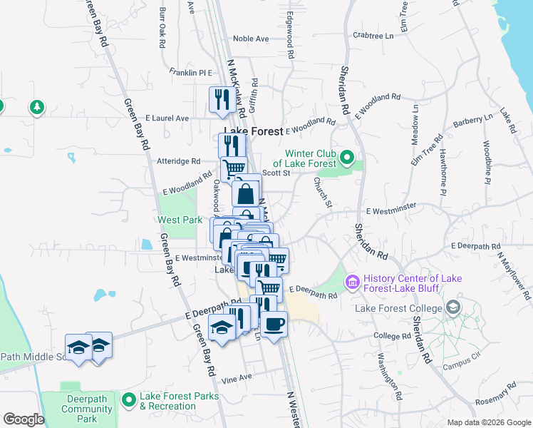 map of restaurants, bars, coffee shops, grocery stores, and more near 843 North McKinley Road in Lake Forest