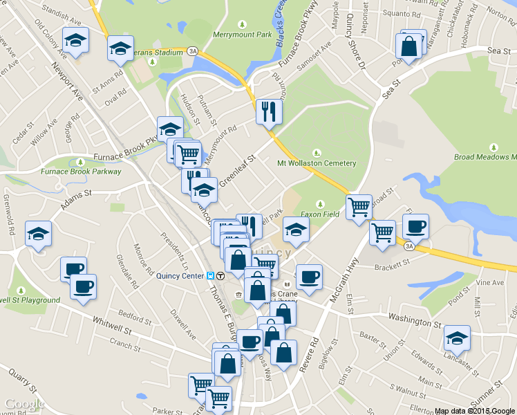 map of restaurants, bars, coffee shops, grocery stores, and more near 54 Woodward Avenue in Quincy