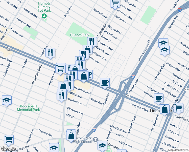 map of restaurants, bars, coffee shops, grocery stores, and more near 1825 Horger Street in Lincoln Park