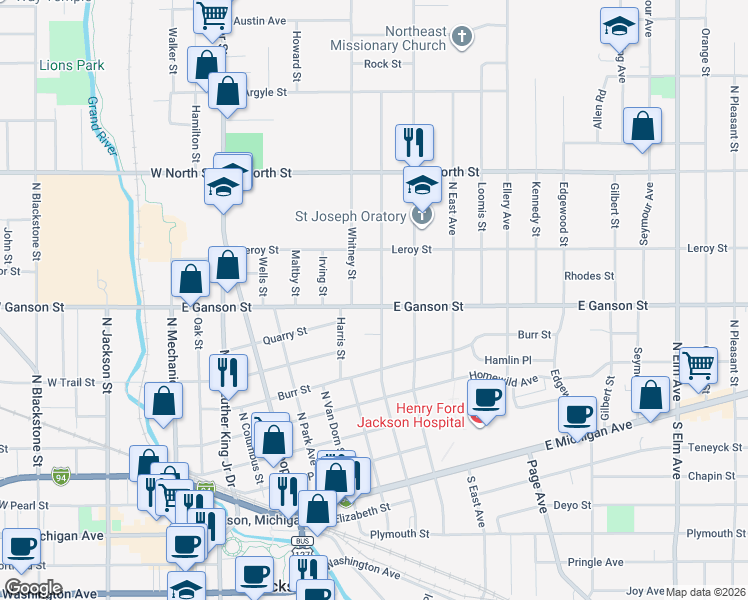 map of restaurants, bars, coffee shops, grocery stores, and more near 810 East Ganson Street in Jackson