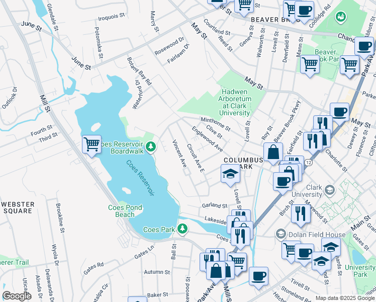 map of restaurants, bars, coffee shops, grocery stores, and more near 25 Circuit Avenue South in Worcester