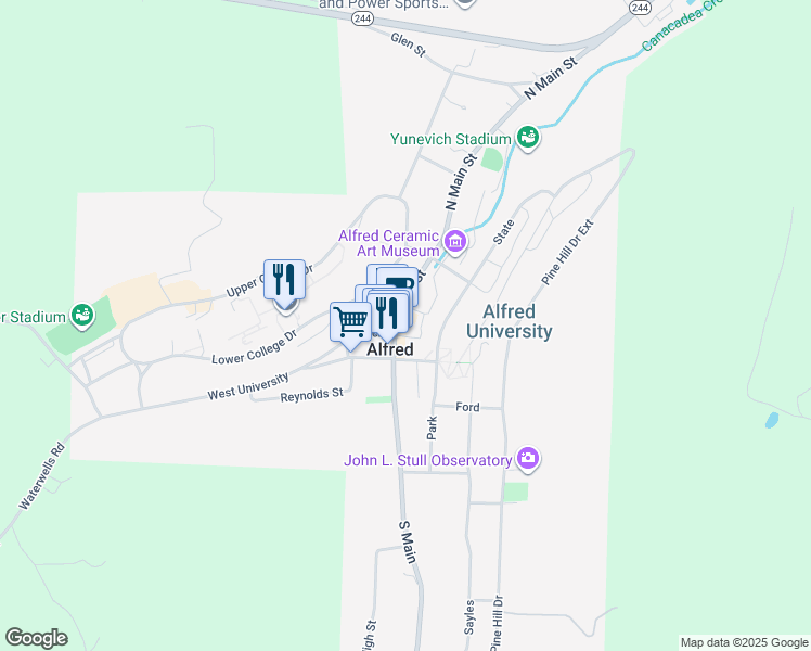 map of restaurants, bars, coffee shops, grocery stores, and more near 34 North Main Street in Alfred