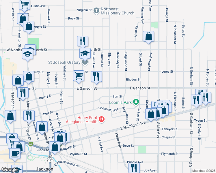 map of restaurants, bars, coffee shops, grocery stores, and more near 1202 East Ganson Street in Jackson