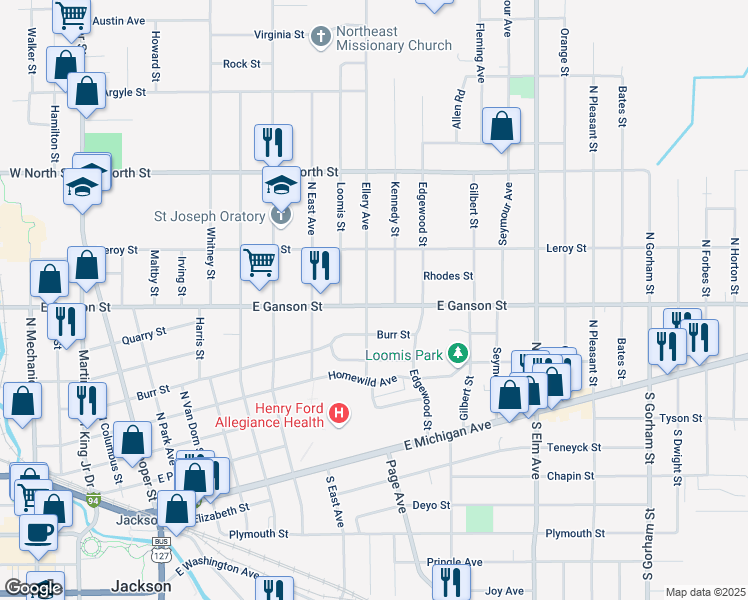 map of restaurants, bars, coffee shops, grocery stores, and more near 1202 East Ganson Street in Jackson