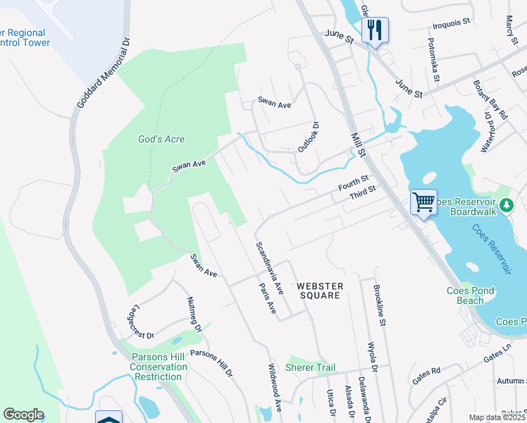map of restaurants, bars, coffee shops, grocery stores, and more near 4 Eastview Drive in Worcester