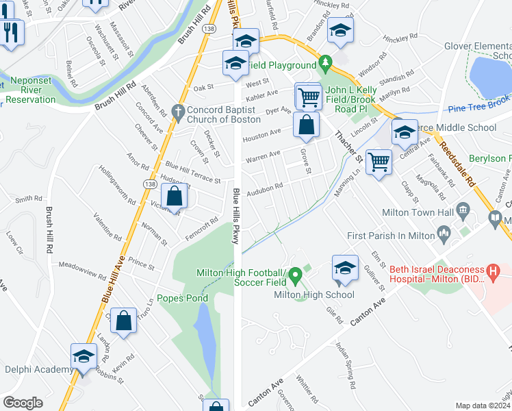 map of restaurants, bars, coffee shops, grocery stores, and more near 53 Parkway Crescent in Milton